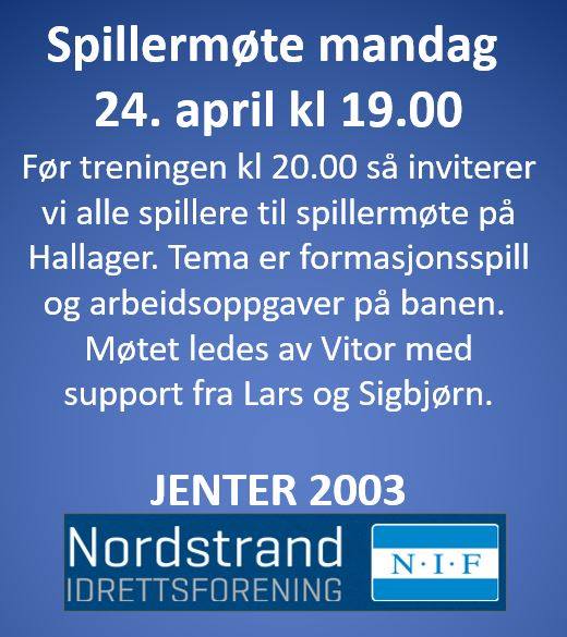 Spillermøte mandag 24. april