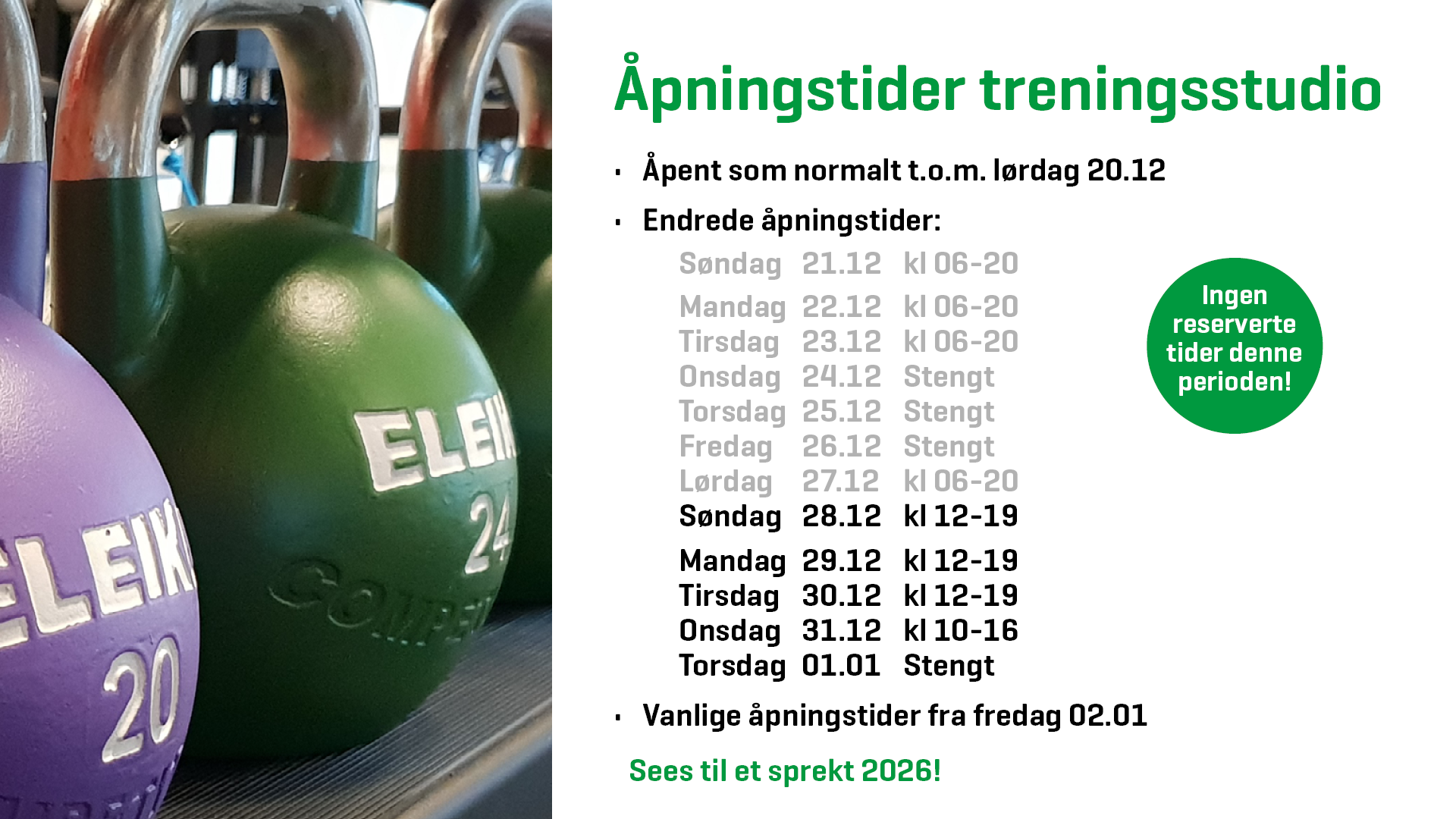 Julens åpningstider i treningsstudio