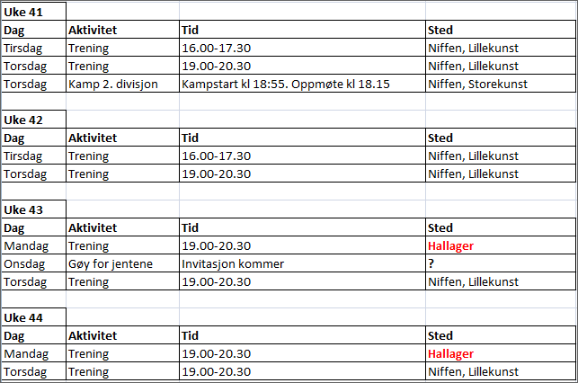 Treningstider uke 41-44
